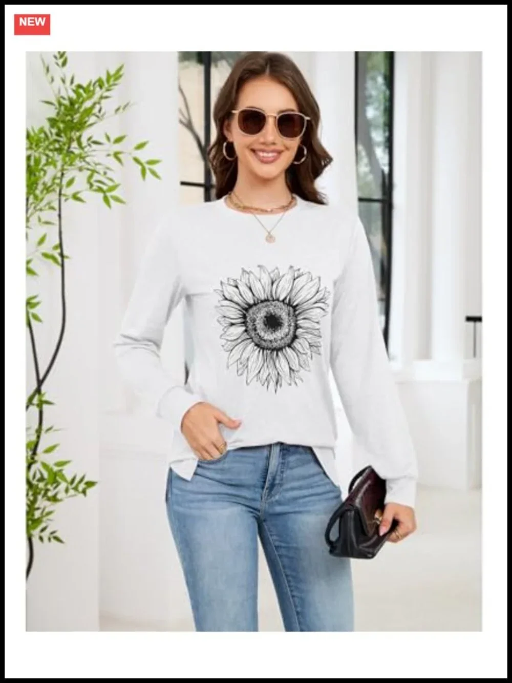 Women's Sunflower Graphic Tee Long Sleeve Crew Neck Loose Fit Tunic Top